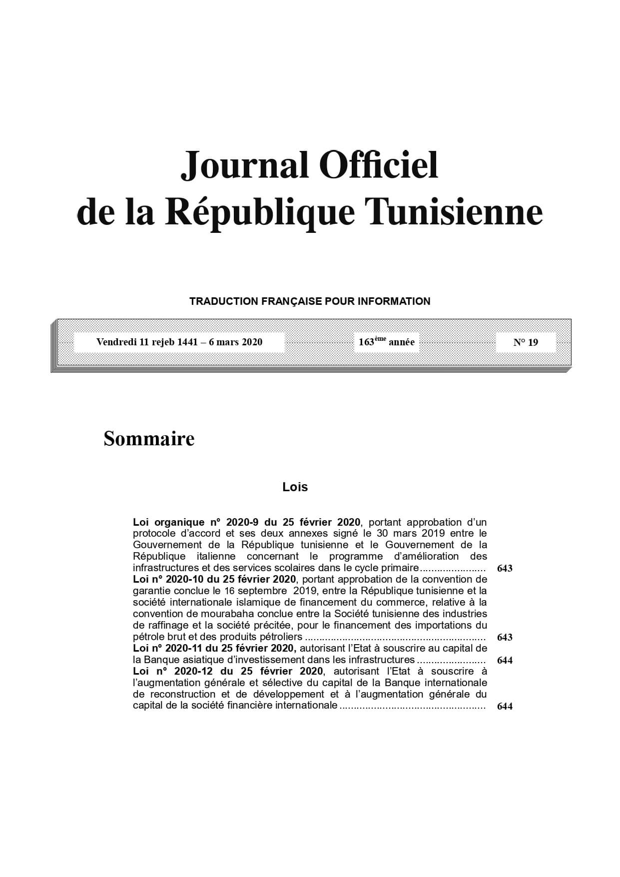 Publication - Imprimerie Officielle de la République Tunisienne 10/03/2020 (Photos)